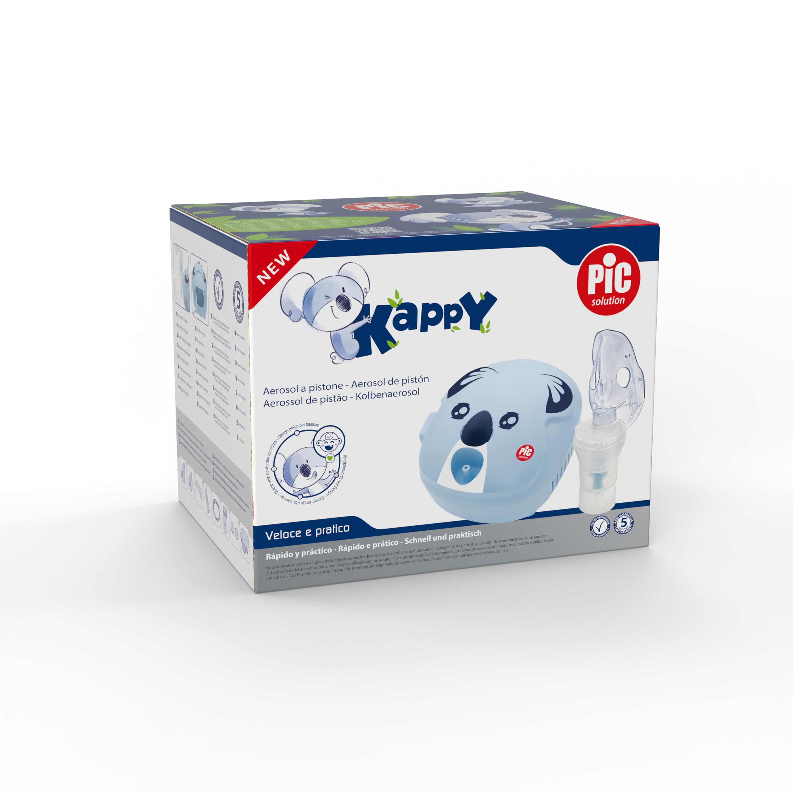 Pic Solution - Kappy aerozol z mikrotłokami, cichy, do terapii aerozolowej, w komplecie z akcesoriami, w kolorze białym, niebieskim i jasnoniebieskim