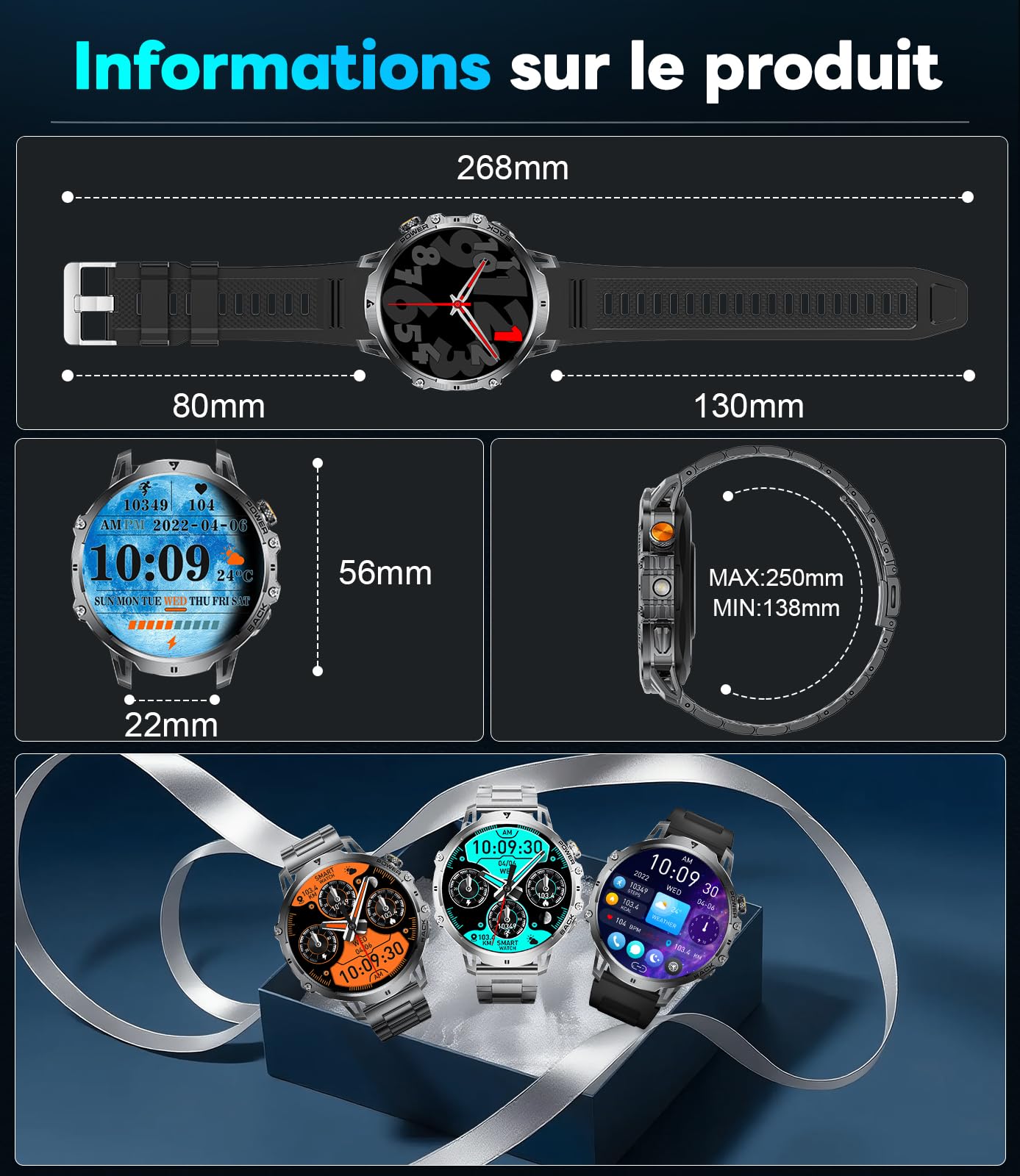 Montre Connectée Homme avec 1000mAh,1.85" Smartwatch avec Appel Bluetooth,100+ Modes Sportifs/LED Lampe,IP68 Étanche, Fréquence Cardiaque Moniteur de Sommeil pour iOS Android 2 Bracelet Noir et orange