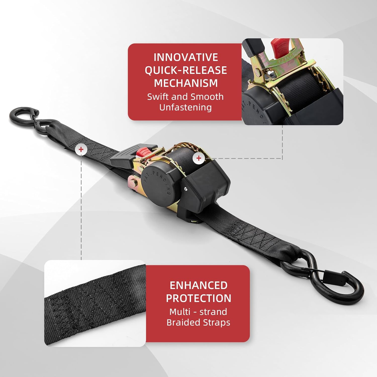 Retractable Ratchet Tie-Down Straps 4409 lbs, 1.5in × 10ft Heavy Duty Self-Retracting Ratchet Straps with Zinc-Plated S-Hooks, Secure Tie Downs for ATVs, Machinery & Equipment, 2 Pack - Image 2