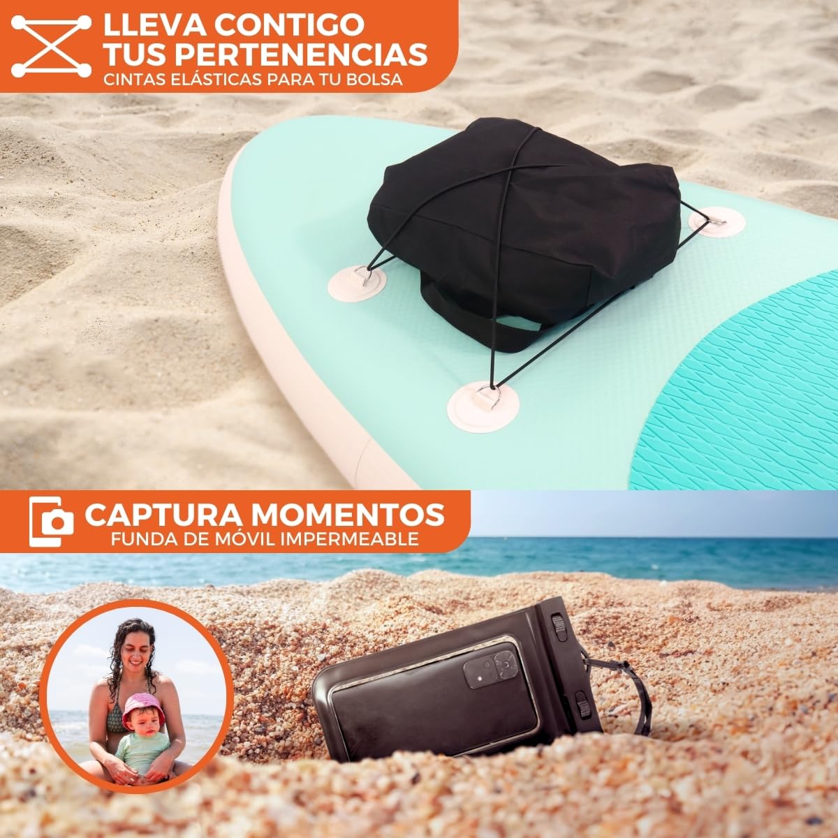 Mobiclinic®, Tabla de Paddle Surf, Hinchable, Incluye Bomba, Mochila, Remo Ajustable, Funda para móvil, Kit reparación, 315x78x15 cm, Plegable, Niños, Adultos y Mascotas, hasta 150kg