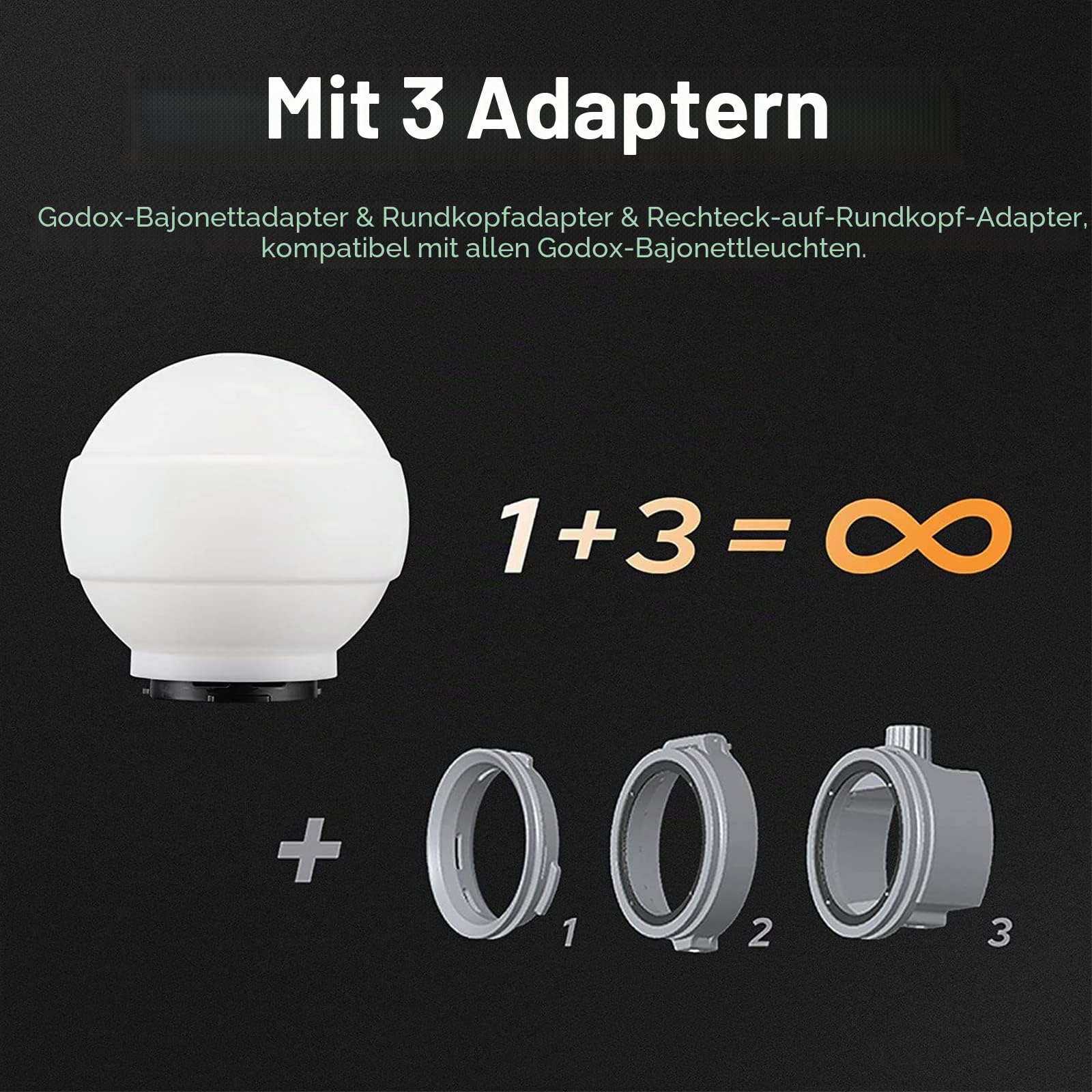 Godox ML-CD15 Dome Diffuser Kit with 3 Adapters Light Diffuser for Godox V1 AD100PRO AD200PRO V850II TT685II TT685 AD200 ML30 ML30Bi ML60 ML60Bi AD300PRO AD40PRO