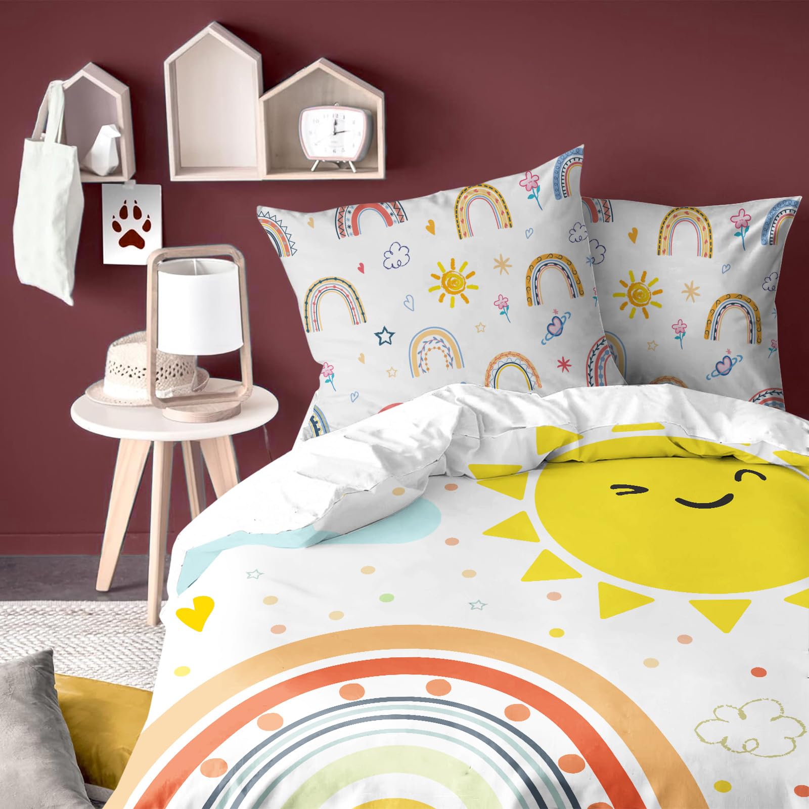 Yasida Colchas Ropa de cama de 135 x 200 cm, multicolor, diseño de arcoíris, sol, nube, punto de ondas, para niños y niñas, microfibra, funda nórdica de 135 x 200 cm y funda de almohada de 80 x 80 cm