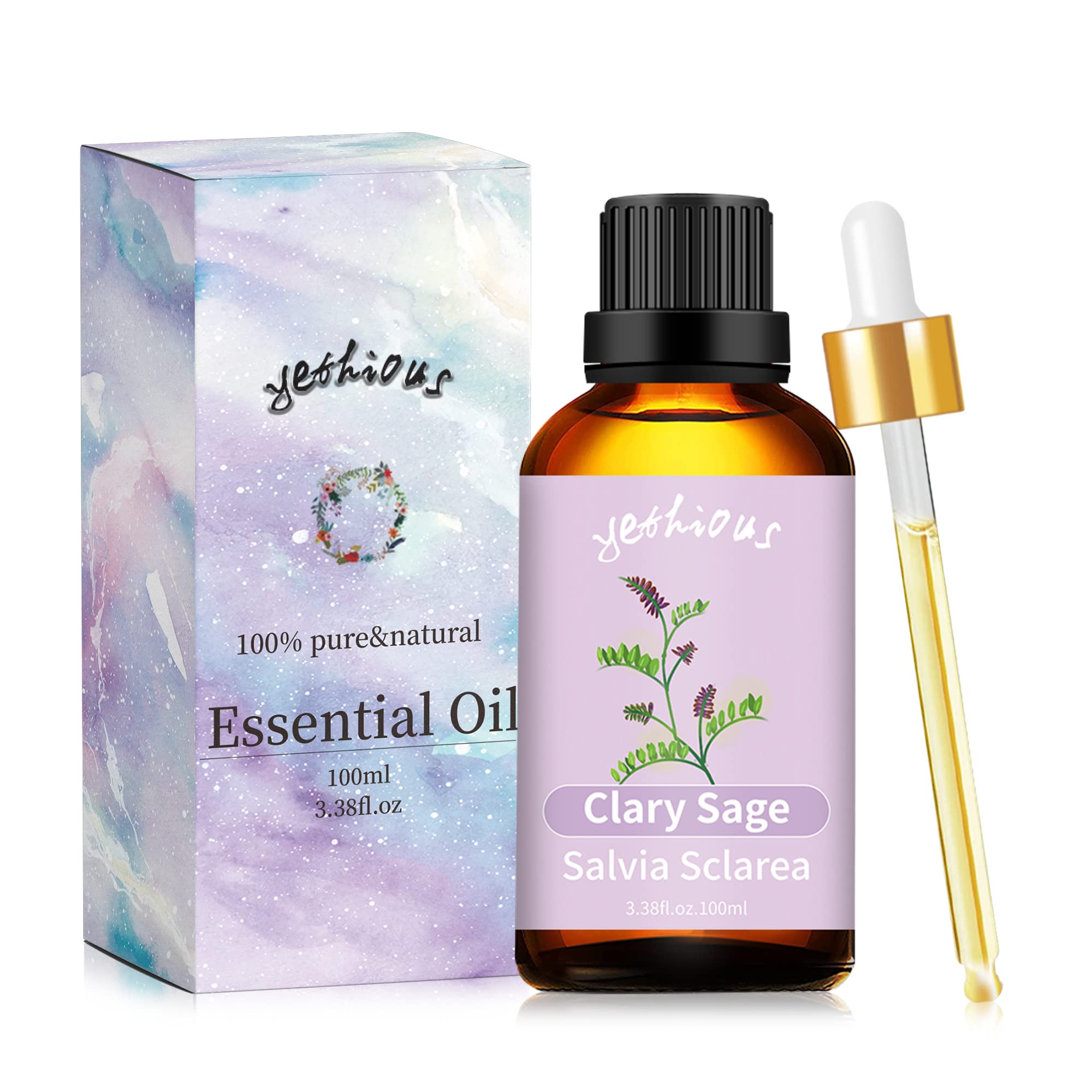 yethious Clary Sage Essential Oil for Diffuser & Aromatherapy, Skin, Candle Soap Making Fragrance DIY - Clary Sage Oil Organic 3.38 Fl Oz