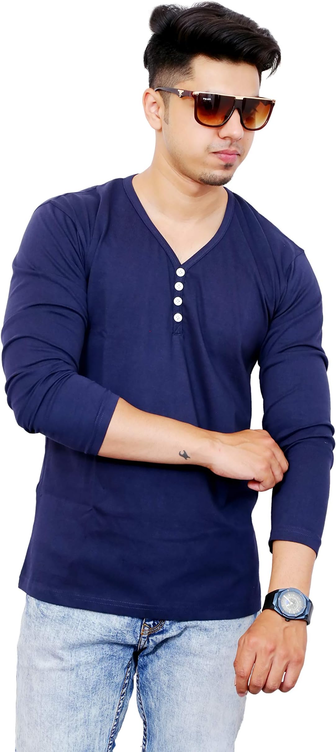 Faricon Men's Cotton Full Sleeves V-Neck Casual T-Shirt (Blue)