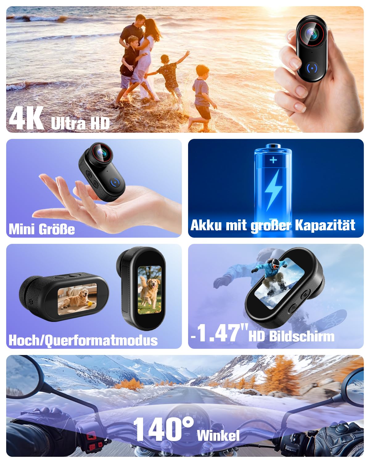Action Cam 4k, WiFi Bodycam Mini Körperkamera Actionkamera 120° Weitwinkel, Helmkamera Motorrad 150 Min Akkulaufzeit, POV Kamera Sportkamera, Radfahren, Motorradfahren, Reisen, Haustiere und Vlogging