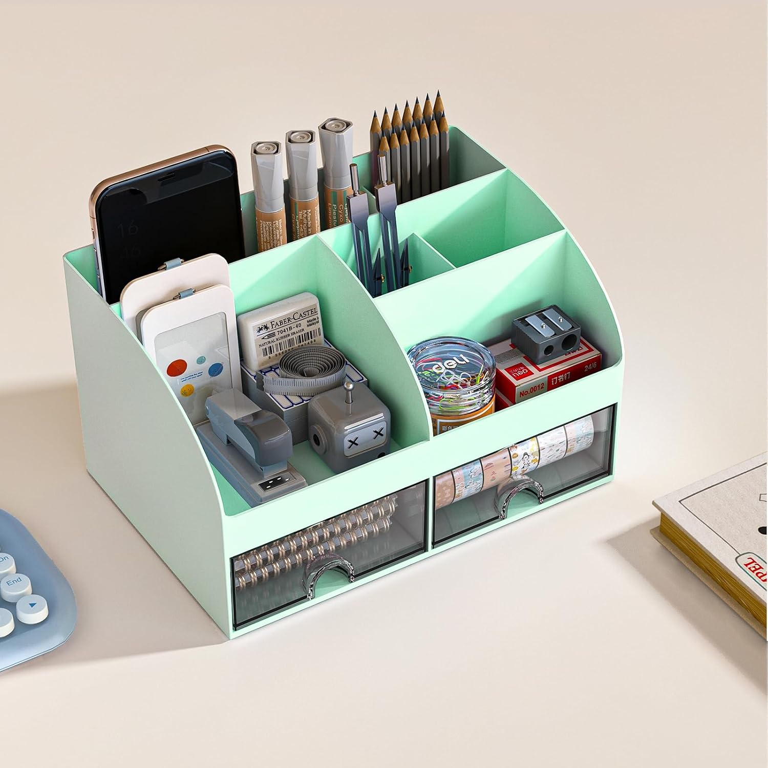  Desk Organizer with 6 Compartments and 2 Drawers, Plastic Makeup Organizer, Pen Holder for Desktop Storage, Desk Organization for School, Home, Office Supplies (Mint Green) thumbnail
