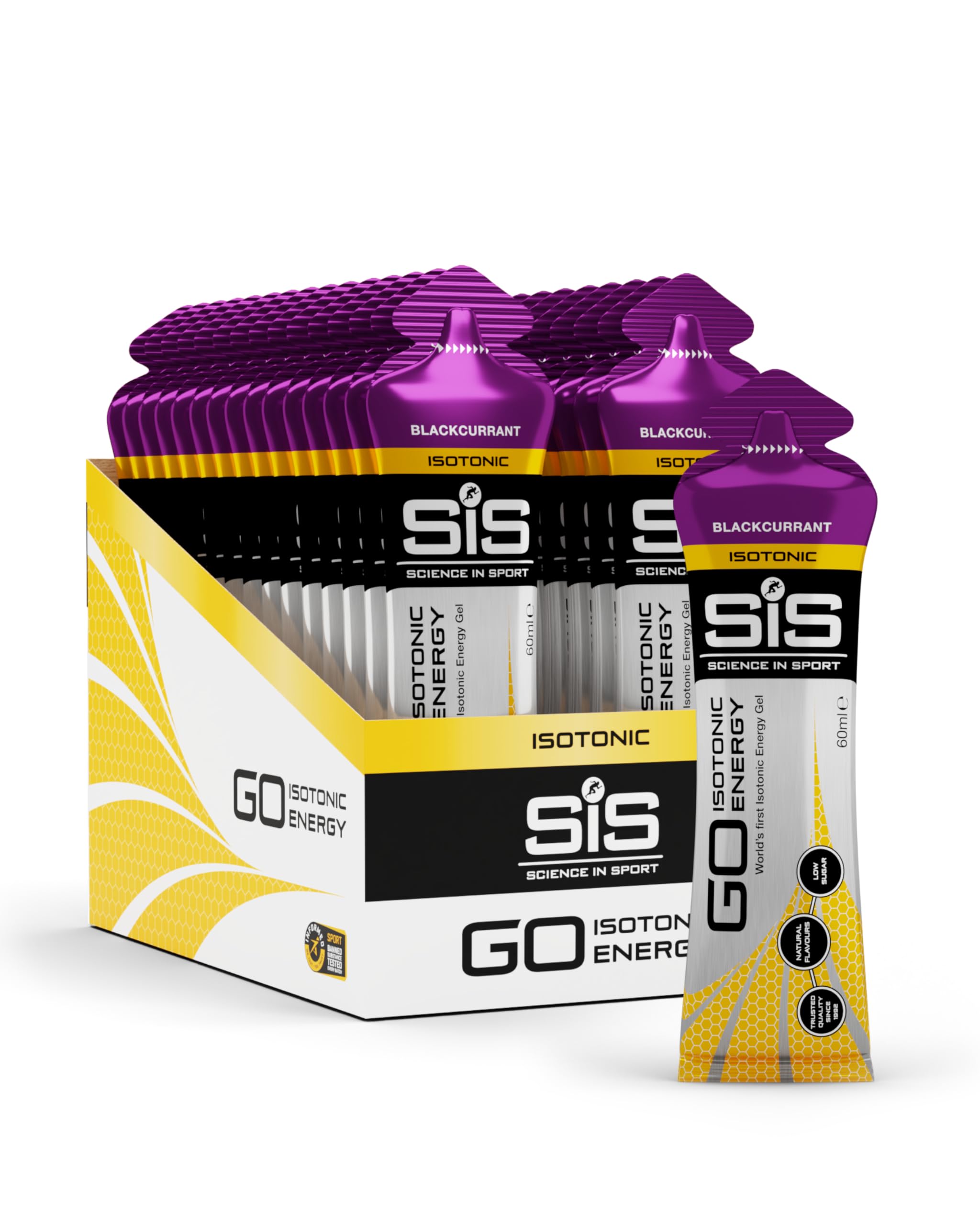 Science In Sport GO Isotonic Energy Gels, Running Gels with 22 g Carbohydrates, Low Sugar, Blackcurrant Flavour, 60 ml Per Serving (30 Pack)