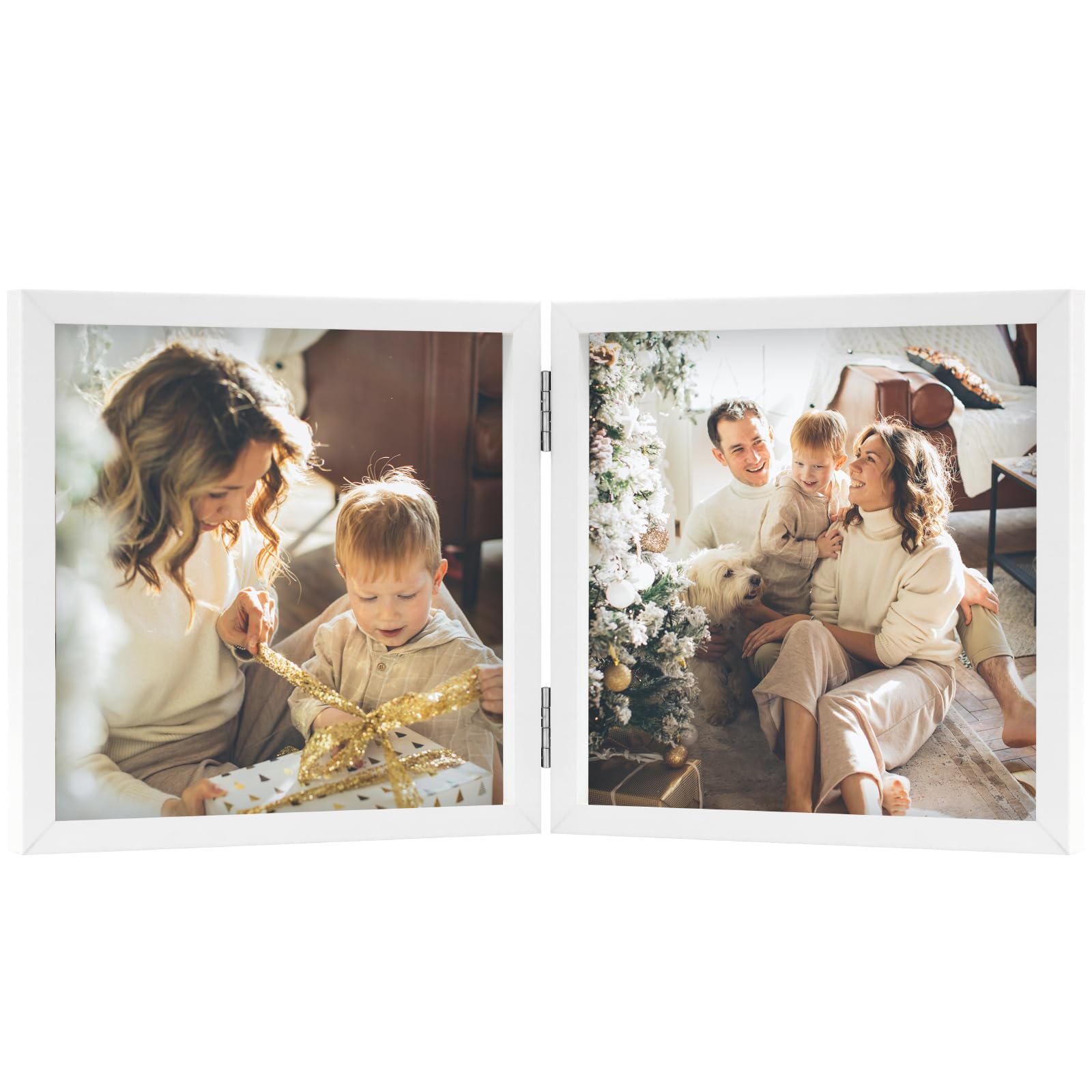 AVEAX Doppel-Bilderrahmen 13 x 13 cm, aufklappbar, aus Holz, mit Glasfront, Ständer, vertikal, auf dem Schreibtisch, Holz, Weiß