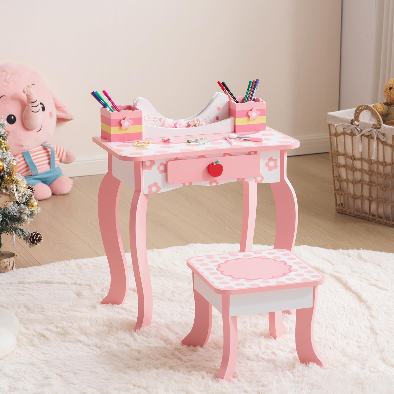 LEADZM Coiffeuse pour Enfants avec Miroir à Trois Volets, Coiffeuse Fille avec Imprimé Fruit Mignon & Tabouret, Table de Maquillage Princesse, pour 3 Ans+ (Rose)