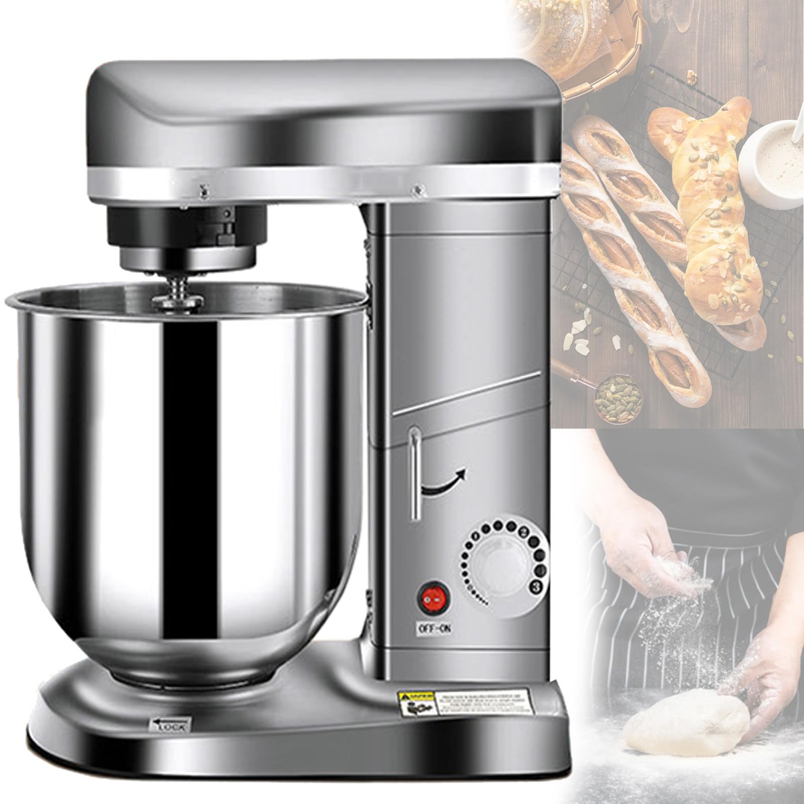 Impastatrice planetaria con grande ciotola in acciaio inox da 5L/7L, frusta, sbattitore e gancio per impastare, regolazione a 3 velocità, impastatrice per uso domestico/commerciale per pasticceria,