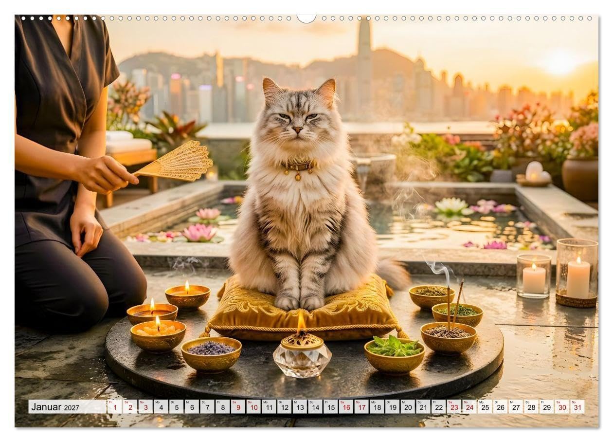Alles für die Katze - Herrschaft Deluxe mit Charme und Wellness (hochwertiger Premium Wandkalender 2027 DIN A2 quer), Kunstdruck in Hochglanz: Sanfte Pfoten genießen ein Jahr voller Wohlfühlmomente.