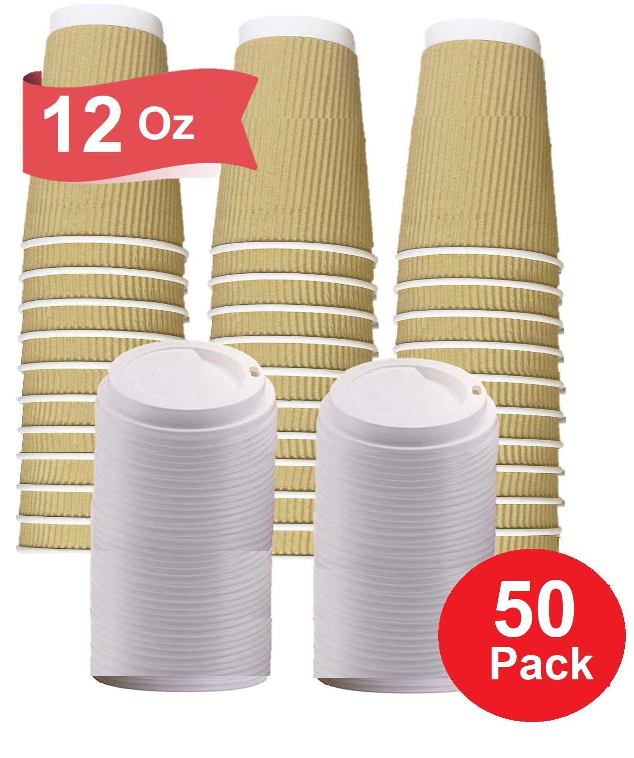 1InTheHome12 oz Coffee Cups With Lids Disposable Insulated Ripple Wall Paper Coffee Hot Cups (50 Cup & 50 Lids)