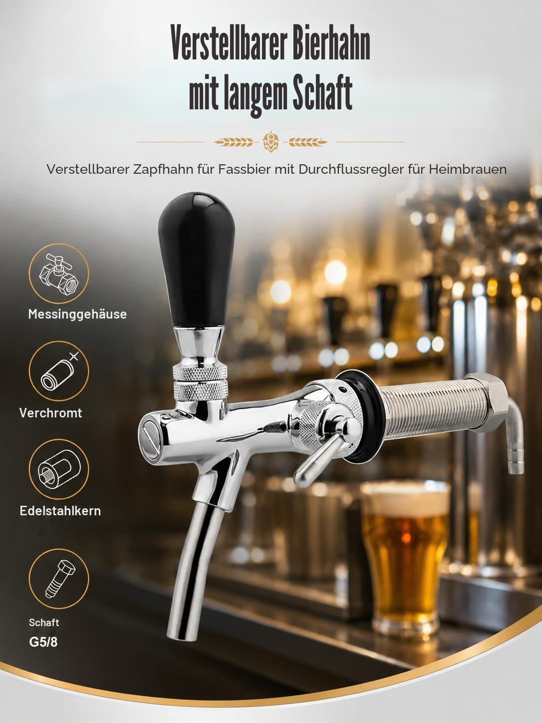 VOBOR Bier Zapfhahn, G5/8 Einstellbarer Bierhahn, Verstellbare Fassbierhahn, Brewing Zubehör für Hause Bar Restaurants