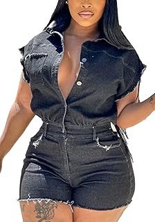 Women's Summer Denim Romper Sexy Black Washed Jeans Shorts Jumpsuits But...
