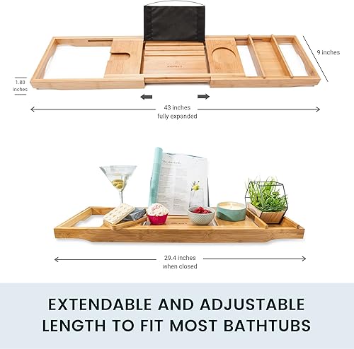 Miniatura 4 de Bandeja de baño para bañera bandeja de bañera de bambú expandible con soporte para copa de vino y soporte para libros. Accesorios de baño de