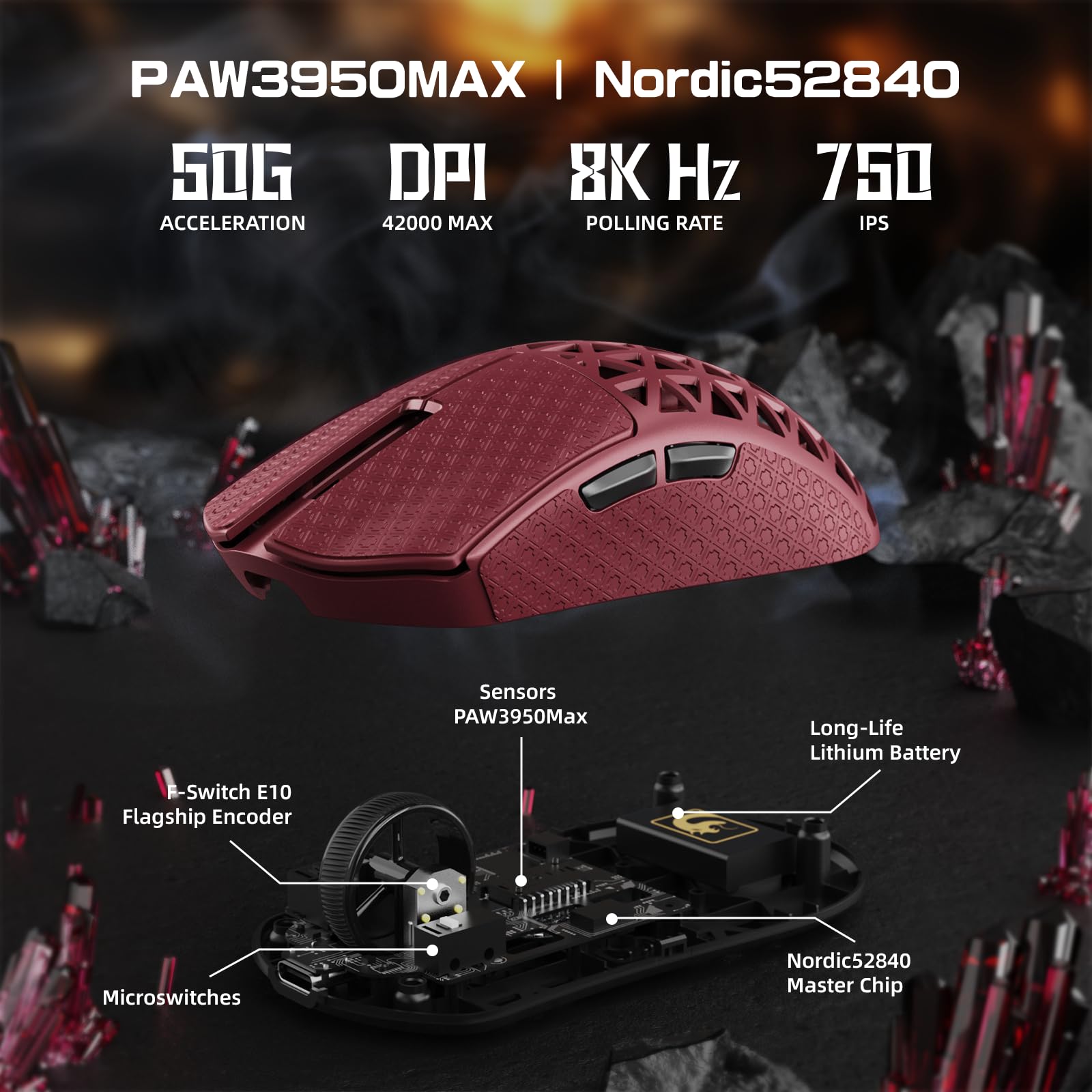 MAMBASNAKE M5 Ultra Souris de Jeu sans Fil en Fibre de Carbone 8000Hz, Jusqu'à 42 000 DPI, Capteur PAW3950 Max, Ultra-légère de 39g, Puce Nordic 52840, 2,4GHz/BT/Filaire, pour PC/Xbox/Mac - Rouge