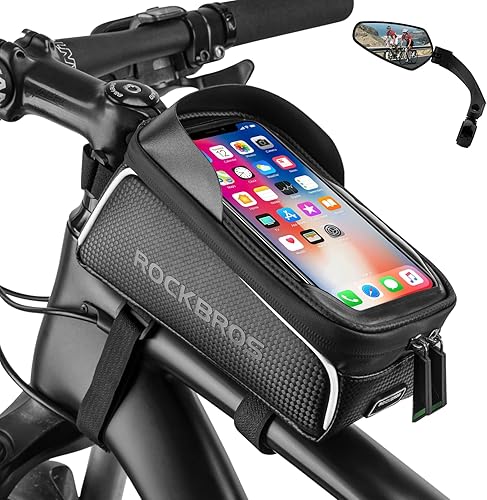 ROCKBROS Bolsa de marco frontal para teléfono de bicicleta, impermeable, con espejos de bicicleta