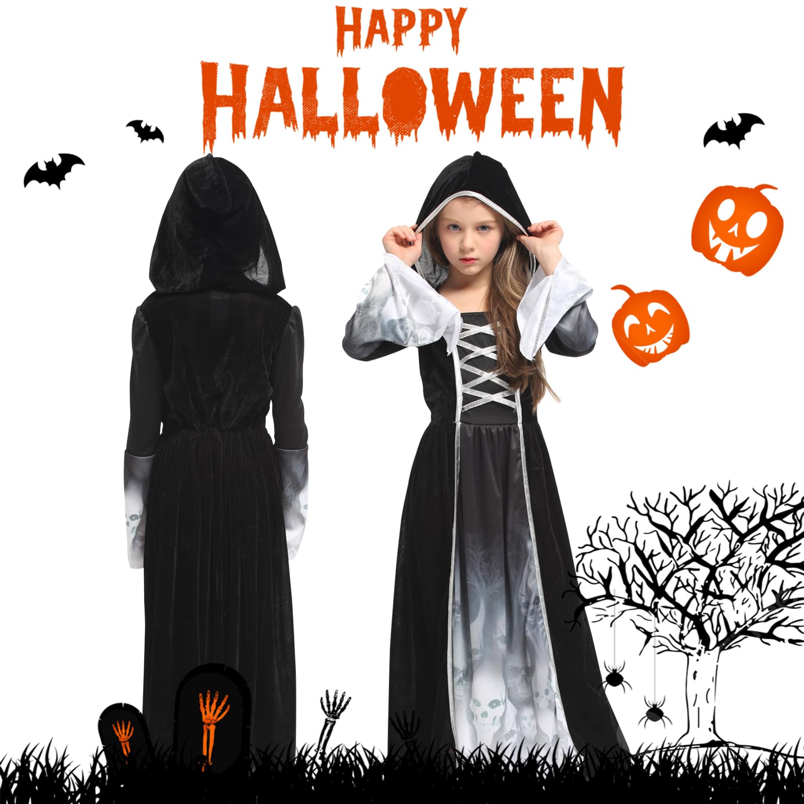 YADODO Grim Reaper Costume Kids Girls 8-10 with Scythe Chain Gloves Stickers Scary Halloween Grim Reaper Outfit Fancy Dress for Girls Ghost Face Skull Scream Zombie Death Costume for Kids Halloween - Image 2