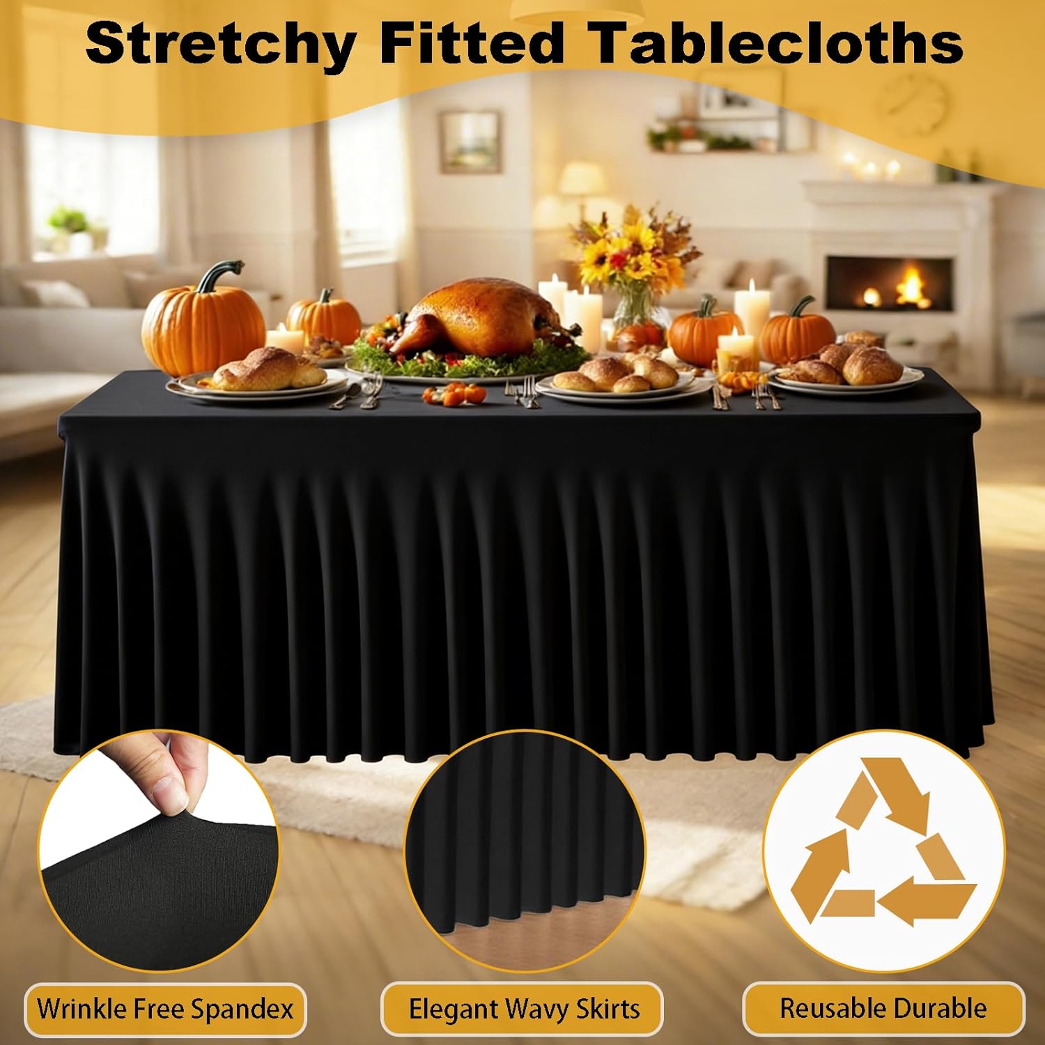 3 Pack Black Spandex Table Clothes for 6 Foot Rectangle Tables, Fitted Stretch Spandex Table Cover 6ft Black Tablecloths with Desk Skirt for Weddings Birthday Parties Banquet Baby Shower