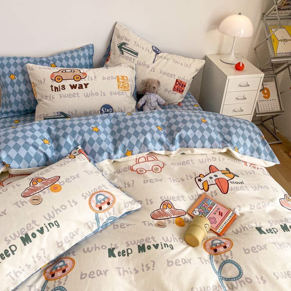 BlueBlue Cars Duvet Cover Set Queen 100% Cotton Bedding for Kids Boys Girls Teens Transportation Car Airplane Truck on Cream White 1 Cartoon Comforter Cover Full Zipper Ties 2 Pillowcases Queen - Image 4
