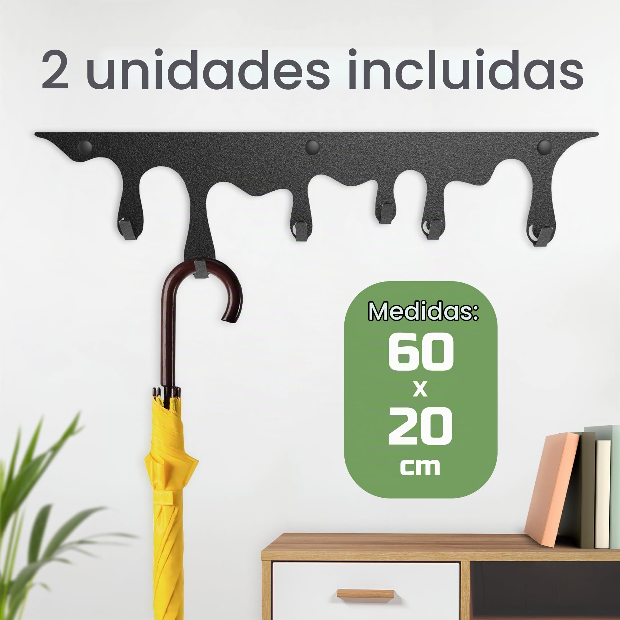 Elegante perchero negro montado en la pared, 2 piezas, 6 ganchos, 60 x 20 cm, diseño moderno de metal resistente, perfecto para habitaciones de niños, dormitorios, pasillos, baños y guarderías