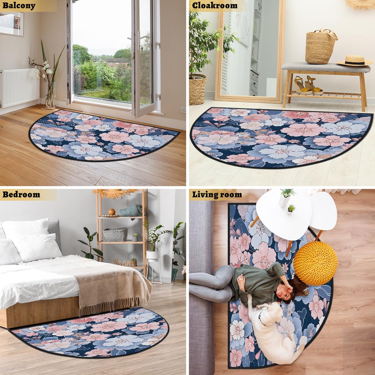 Mexpekil Paillasson japonais motif floral de cerisier en demi-lune pour intérieur et extérieur - Tapis de sol antidérapant - Lavable - Demi-cercle - Attrape la saleté - 100 x 160 cm