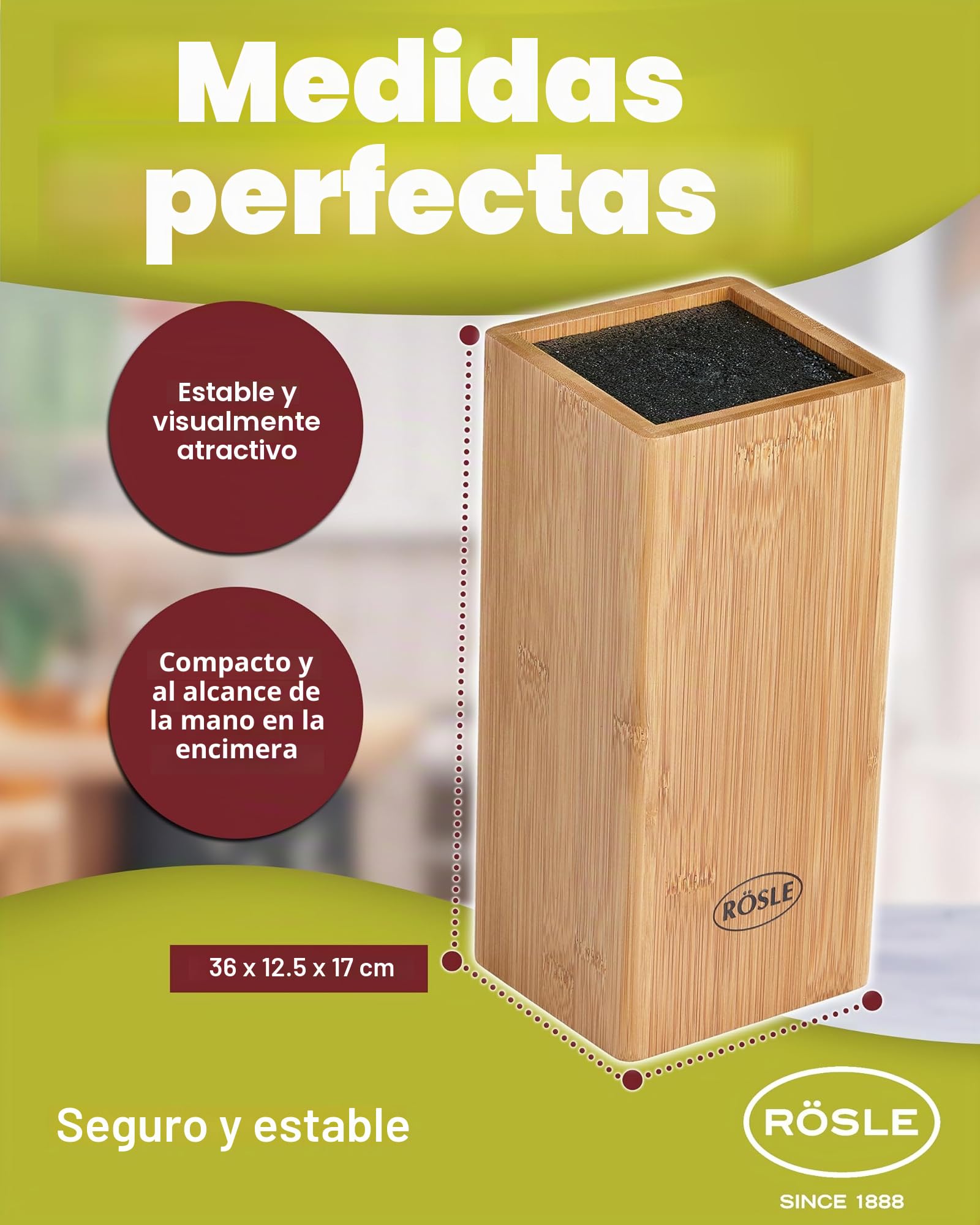 RÖSLE RÖSLECuisine Bloque de Cuchillos con Cepillo, 7 Piezas, de Calidad con Madera de Bambú con 5 Cuchillos Afilados y Tijeras de Cocina, Hojas de Acero Especial, Protector de Dedos