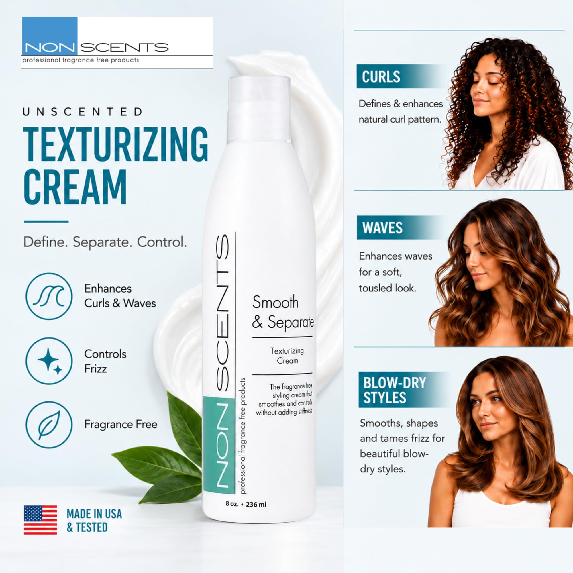 Nonscents Curl Defining Cream, Unscented Fragrance-Free Hair Texturizer