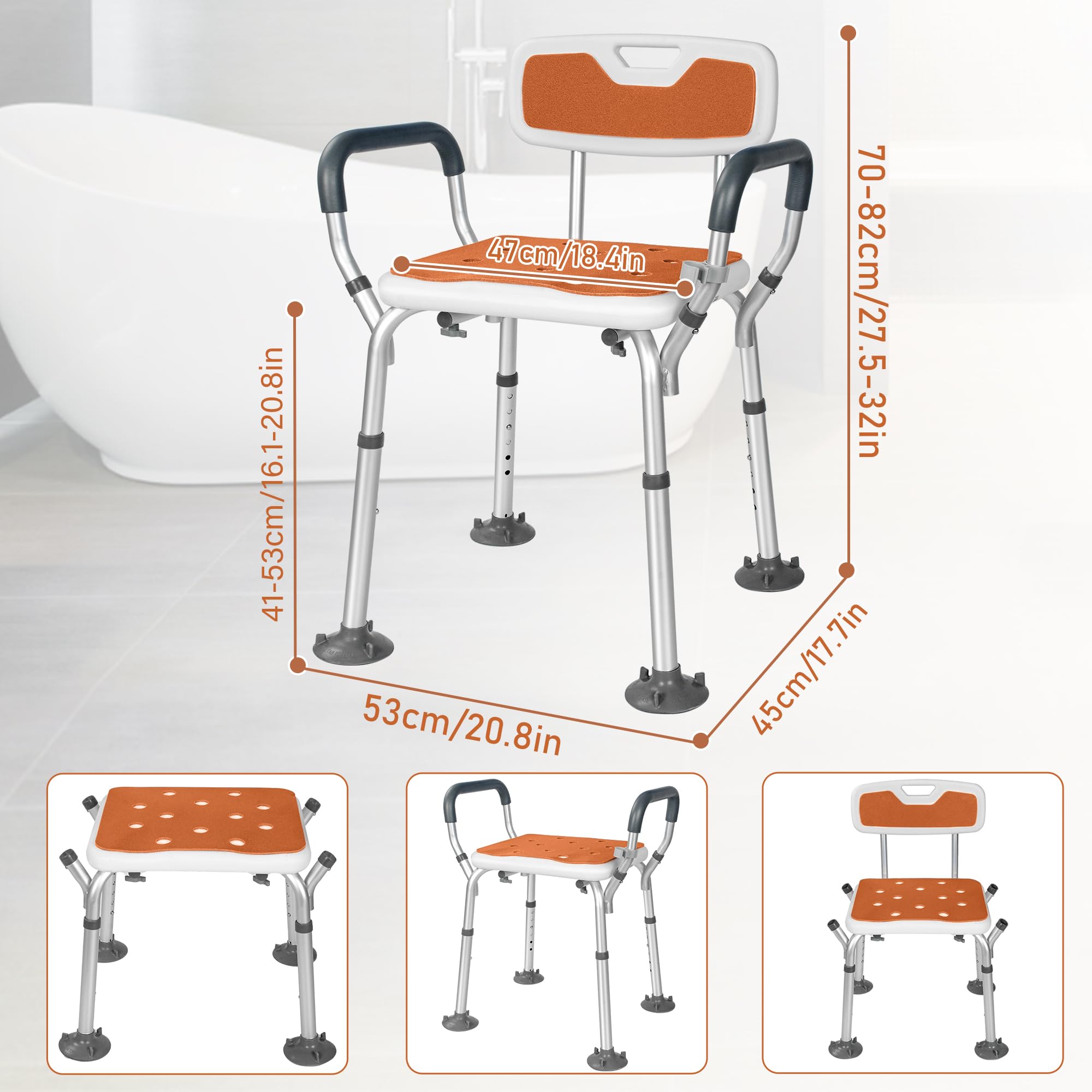 OUUTMEE Silla de ducha con reposabrazos y respaldo desmontable, antideslizante, taburete de ducha regulable en altura con 6 posiciones, asiento de ducha para personas mayores, color naranja