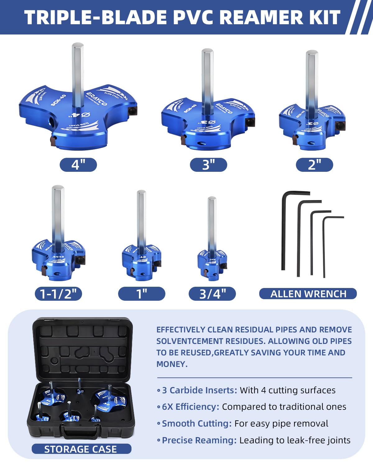 ERAYCO Kit d'alésoir de tuyau en PVC à triple lame, outil d'alésoir en plastique pour plomberie, 3 lames en PVC pour SCH40, ABS, tuyaux en CPVC, 6 pièces (1,9 cm, 2,5 cm, 3,8 cm, 5,1 cm, 7,6 cm, 10,2
