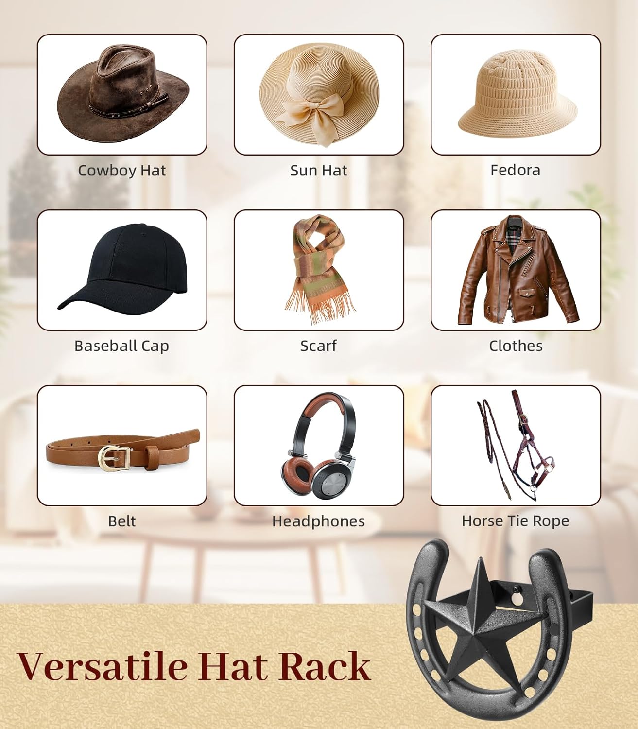 Cowboy Hat Organizer Wall Mount, 6 Pack Cowboy Hat Rack, Bridle Hook for Tack Room, Metal Horseshoe Hook, Horseshoe Decor, Western Hat Hook for Wall, Hat Holder for Entryway Closet, Western Gifts