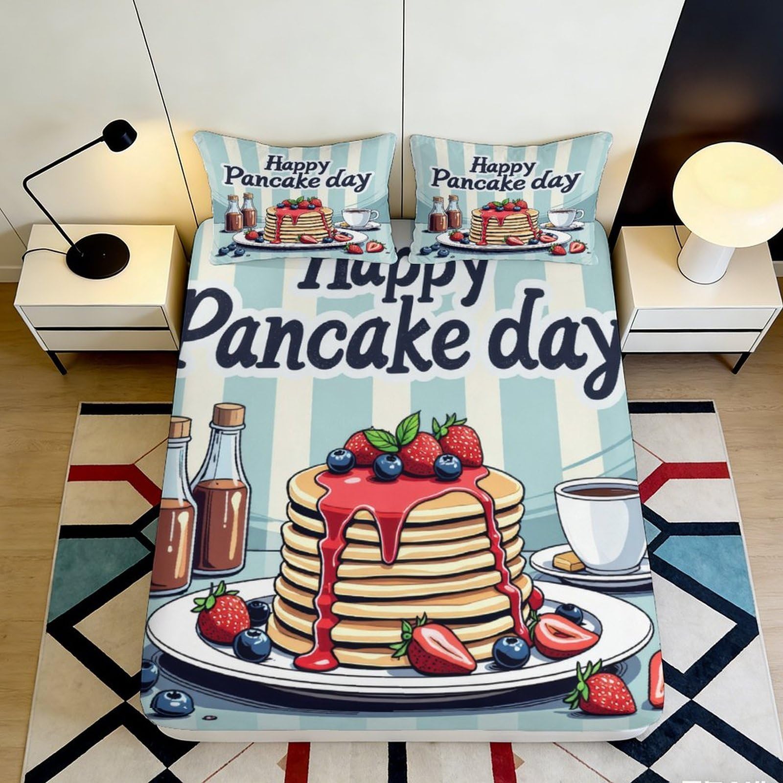3D Printed Pancake Day Fitted Sheet Microfiber Soft Blue Cartoon Breakfast Bed Sheet for Bedroom Guest Room Decor 90x200x25cm