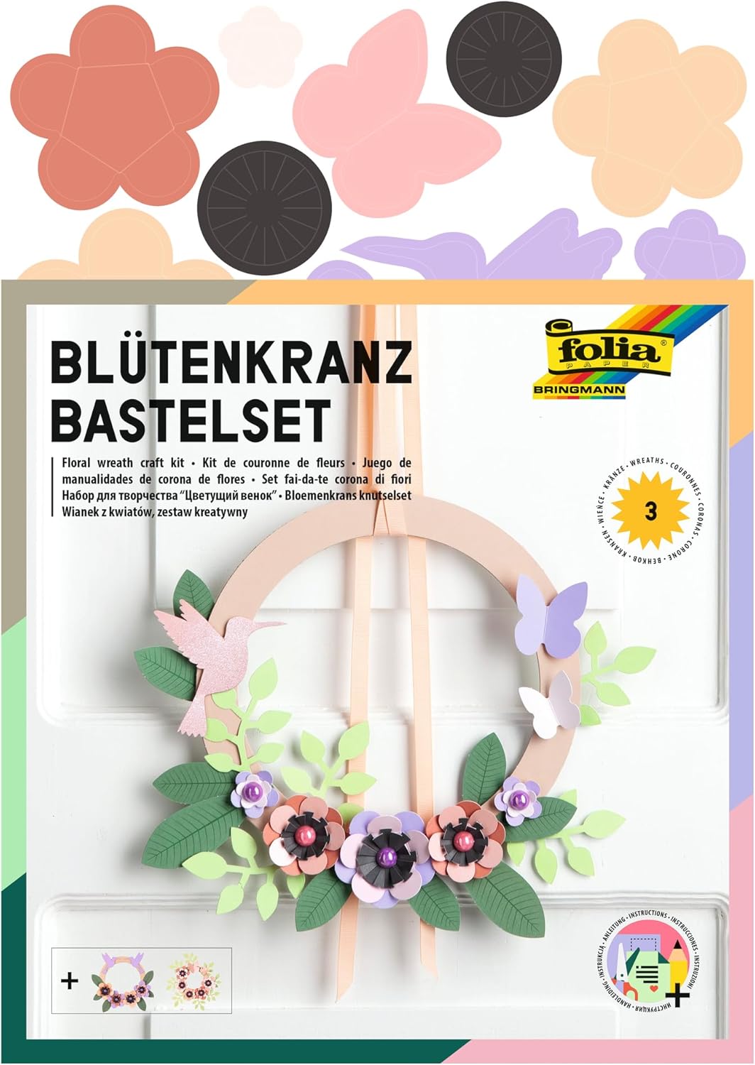 folia Craft, Complete Set for 3 Wreaths in Different Sizes with Paper Flowers, for Timeless Decoration, Colourful, One