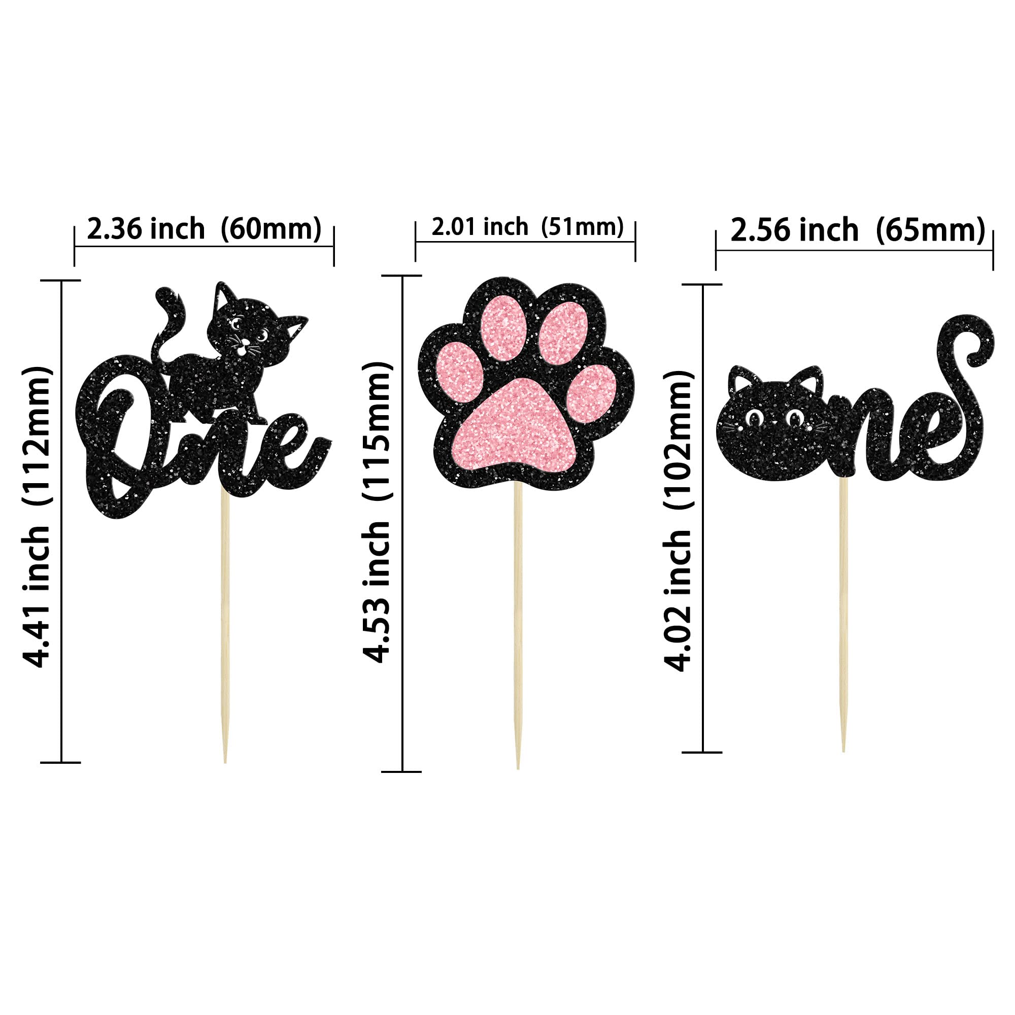 24pcs One Cupcake Toppers - Black Glitter Cat Frist Birthday Cupcake Picks Decorations for Cat Lover Kitten Theme Baby Shower Kids 1st Birthday wedding Party Supplies