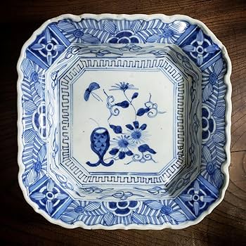 Amazon.co.jp: 八角皿 隅切角皿 古伊万里 線描き 唐草文様 伊万里染付