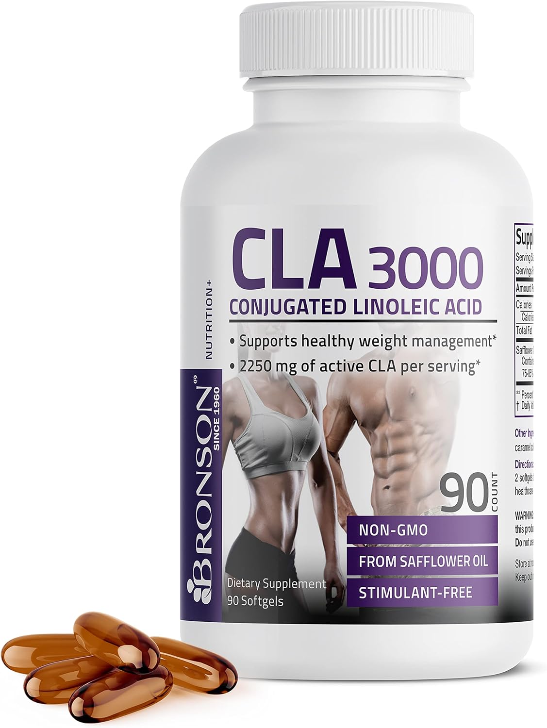 Bronson CLA 3000 Extra High Potency Supports Healthy Weight Management Lean Muscle Mass Non-Stimulating Conjugated Linoleic Acid, 90 Softgels : Health & Household