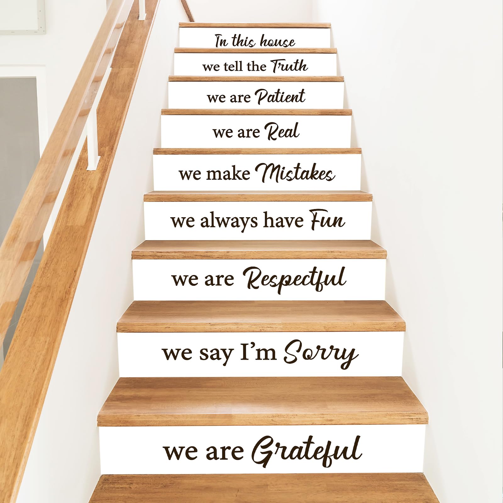 PLIGREAT 15 Bandes Adhésives pour Contremarches D'Escalier avec Texte Familial Stickers Adhésifs pour Escaliers (18x100cm) Vinyle Autocollant Citations Familiales Créatives Décoration Murale