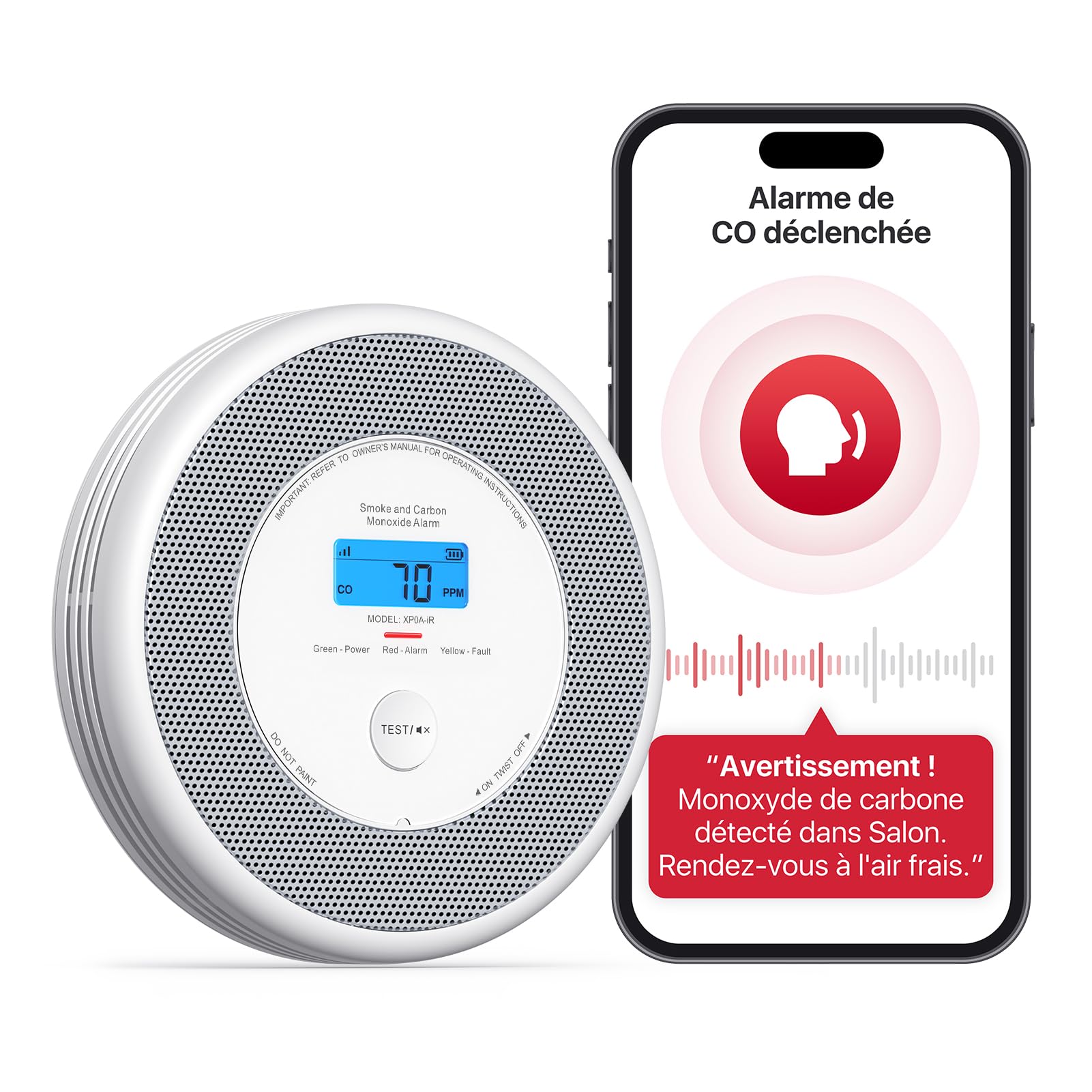 X-Sense Détecteur de Fumée et de Monoxyde de Carbone Connecté avec Fonction d’Alerte Vocale en Français, Détecteur de Fumée Wi-FI Compatible avec X-Sense Home Security App, XP0A-iR, Lot de 1
