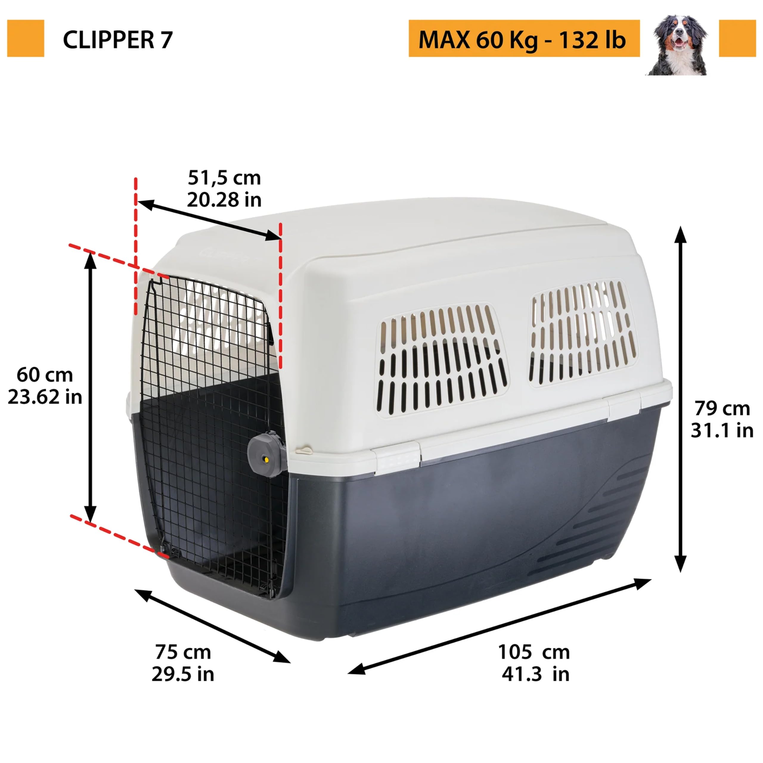 Ferplast Cage de Transport pour Chiens CLIPPER PLUS, IATA, Boite Panier Transport Grand Chien max 60 Kg, fermeture sécurisée, Compartiment pour accessoires, Poignée amovible, 105 x 75 x h 79 cm