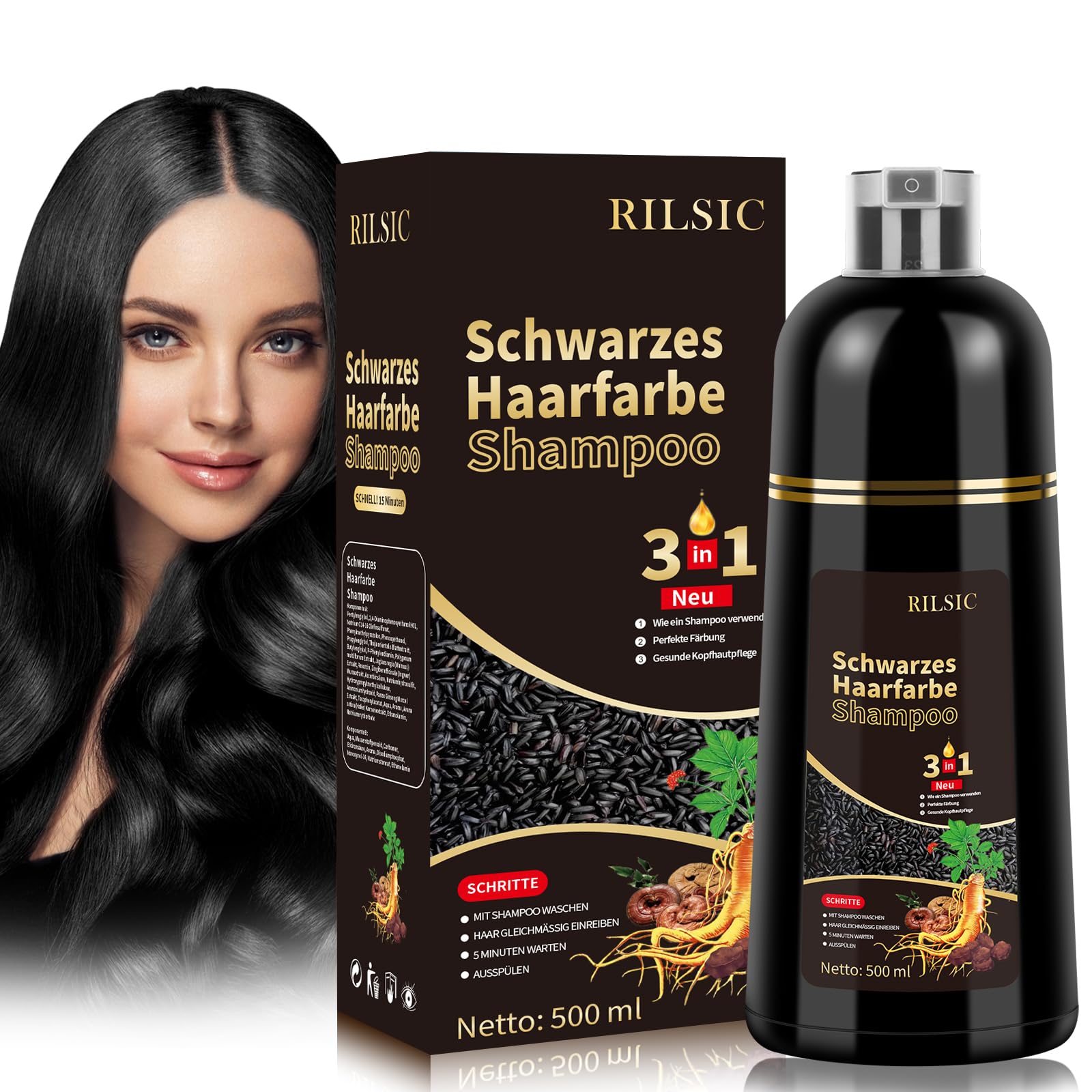 Haarfärbeshampoo - 500 ml Schwarzes Haarfärbemittel, Schwarze Hair Dye Shampoo 3 in 1 für graues Haar und Bart, Färbeshampoo für Männer und Frauen