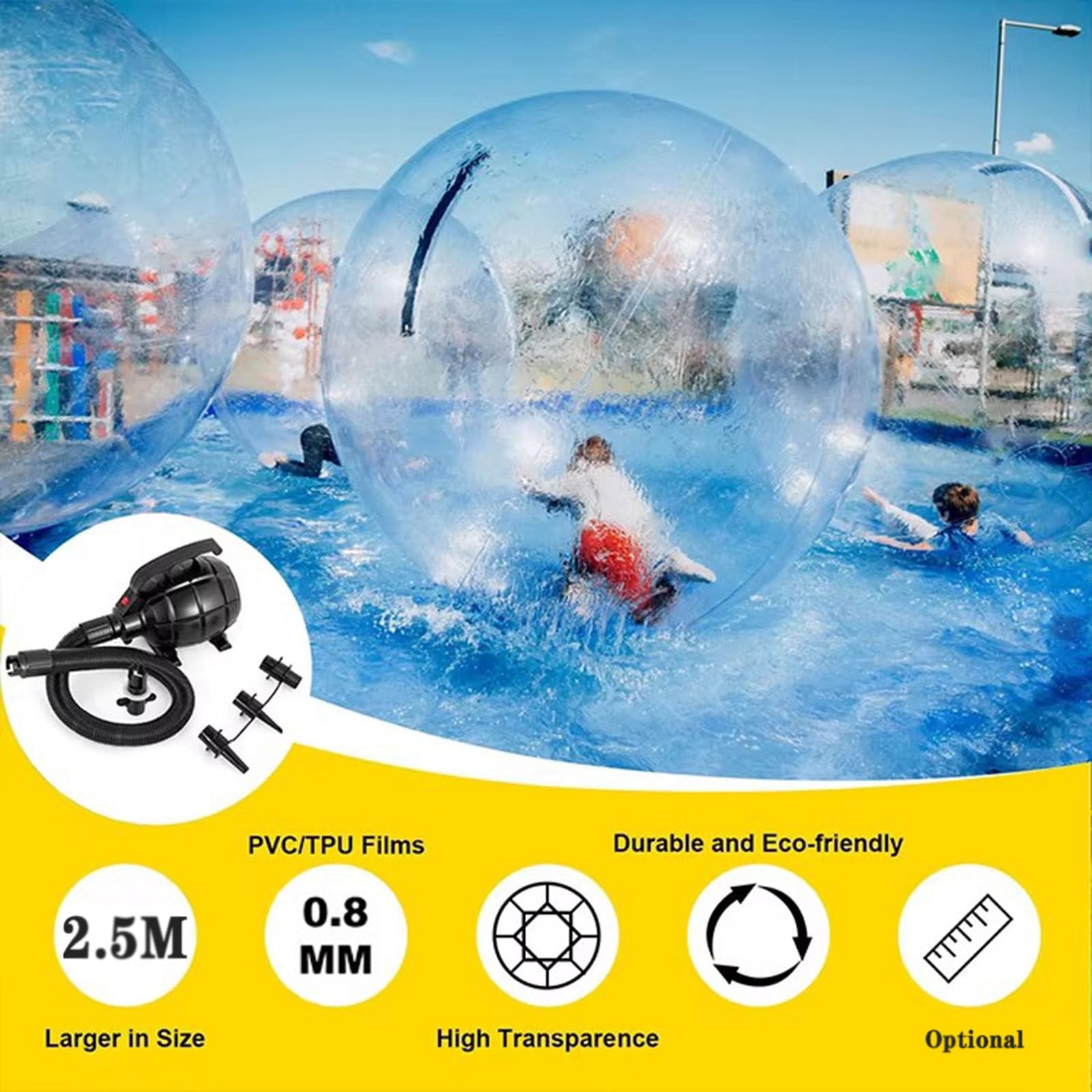 Nadmuchiwana piłka wodna PVC/TPU balon wodny nadmuchiwana kula zorb z elektryczną pompką powietrza, przezroczysta piłka do chodzenia, nadmuchiwana piłka do tańca na plaży, jezioro lub basen, 2