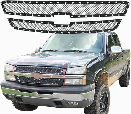 Rejilla de malla para Chevy Avalanche 2003-2006 2003-2004 2500/3500/2500 HD 2003-2005 Chevy Silverado 1500/SS negro remache parrilla frontal 2 piezas