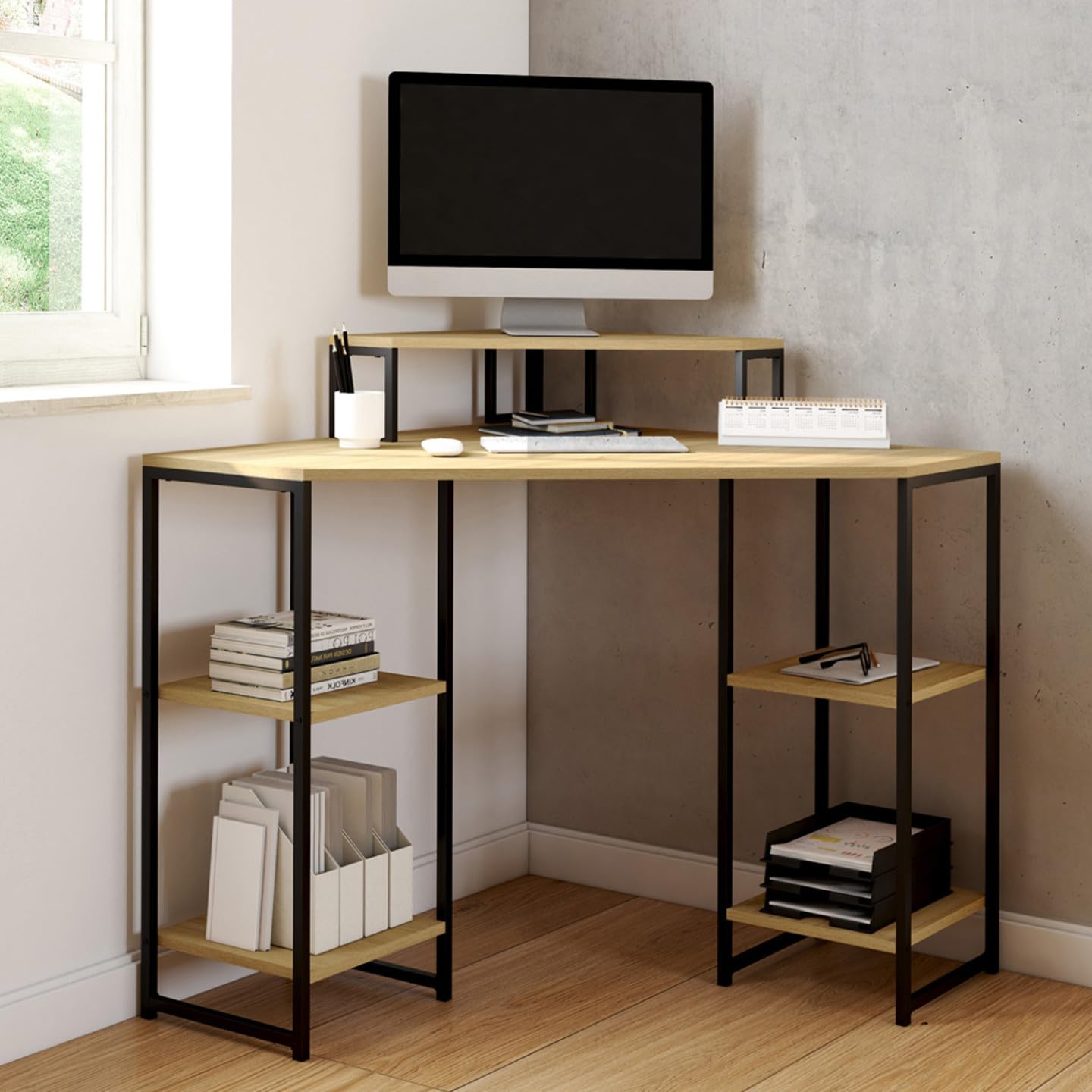 IDMarket - DETROIT Scrivania angolare salvaspazio per computer con spazio di archiviazione