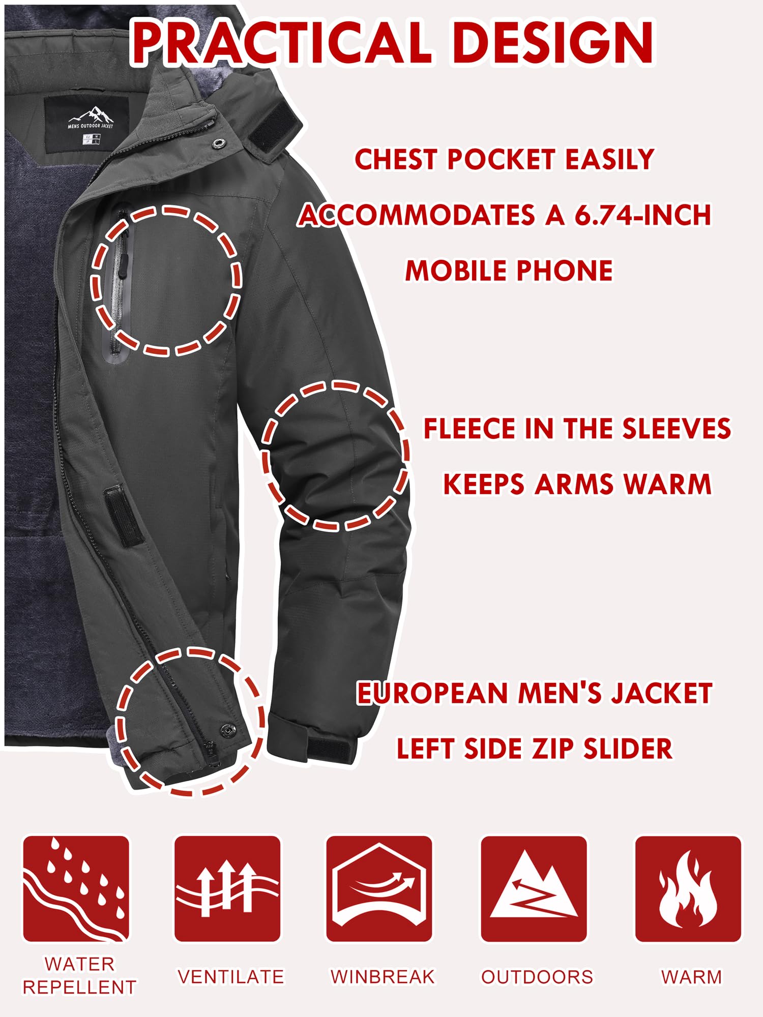 Peakwell Uomo Foderato Giacca Invernale Calda Jacket Impermeabile e Antivento Outdoor Giacchetta Funzionale da Sci con Cappuccio Staccabile