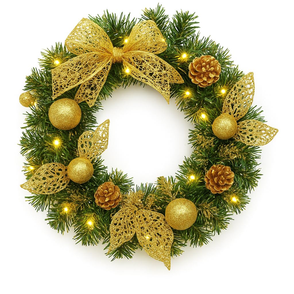 Pre Lit Gold Door Wreath Christmas Garland Swag With Warm White Lights