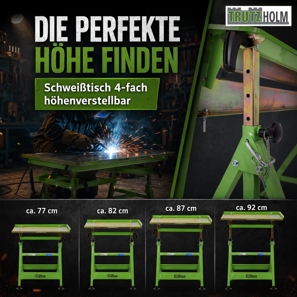 TRUTZHOLM mobiler Schweißtisch klappbar höhenverstellbar von 77-92 cm, 150 Kg, große Arbeitsplatte, stufenlose Neigung bis 90° Profi Werktisch Werkbank mit Rädern und Tragegriff, platzsparend