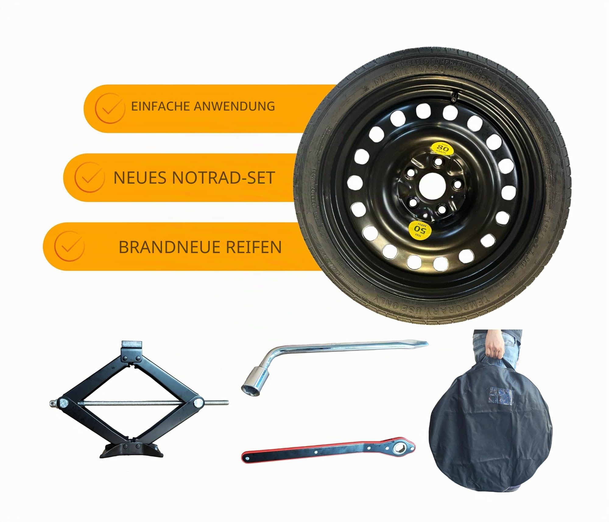 Ersatzradsatz 18 Zoll kompatibel mit VW Golf 7,8 T-ROC, PASSAT mit Ratschenschlüssel und Tasche 125/70R18
