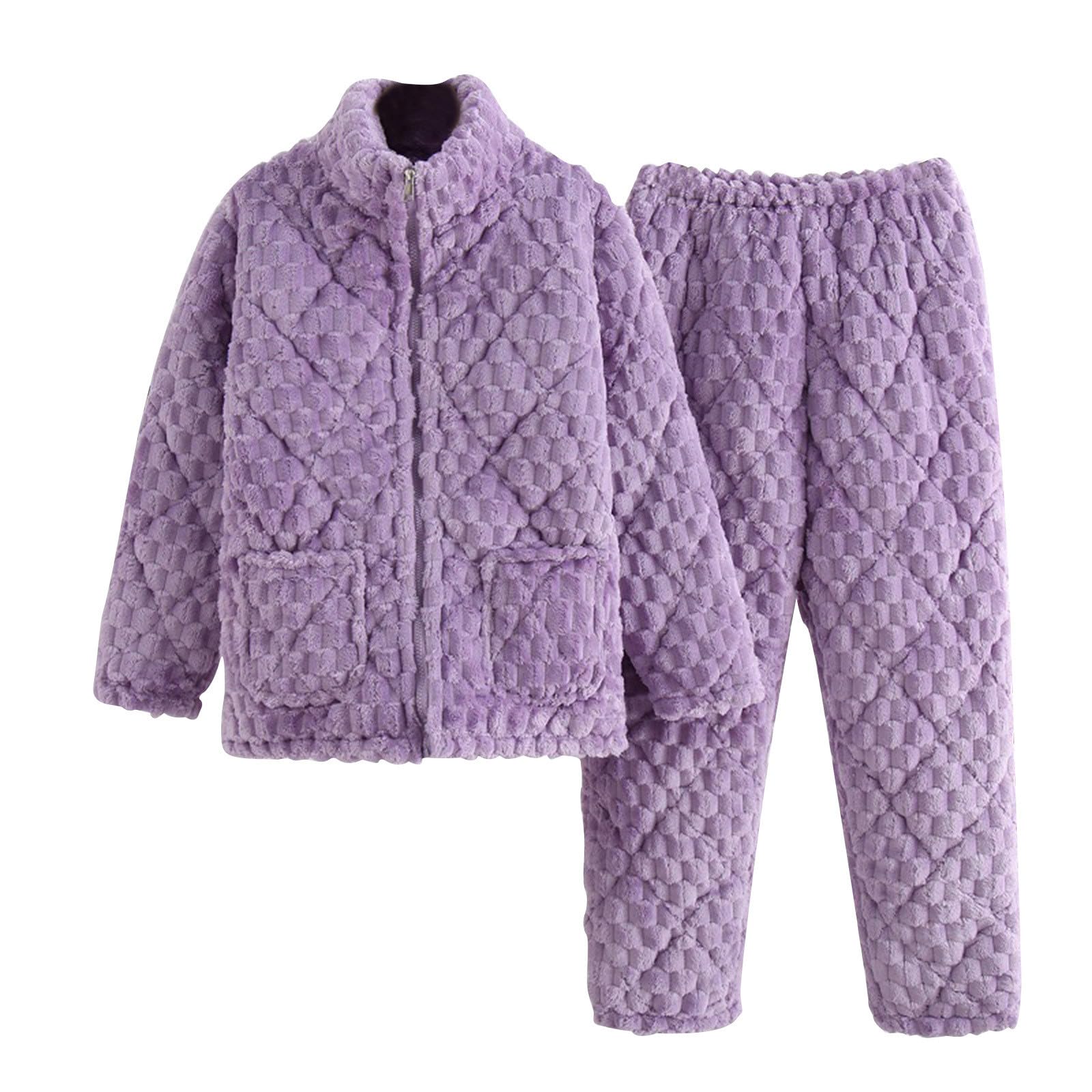 Conjunto de pijama de forro polar para mujer, manga larga, con cremallera completa, pantalones largos, cómodos, conjunto de pijama de algodón grueso, conjunto de pijama cálido y esponjoso,