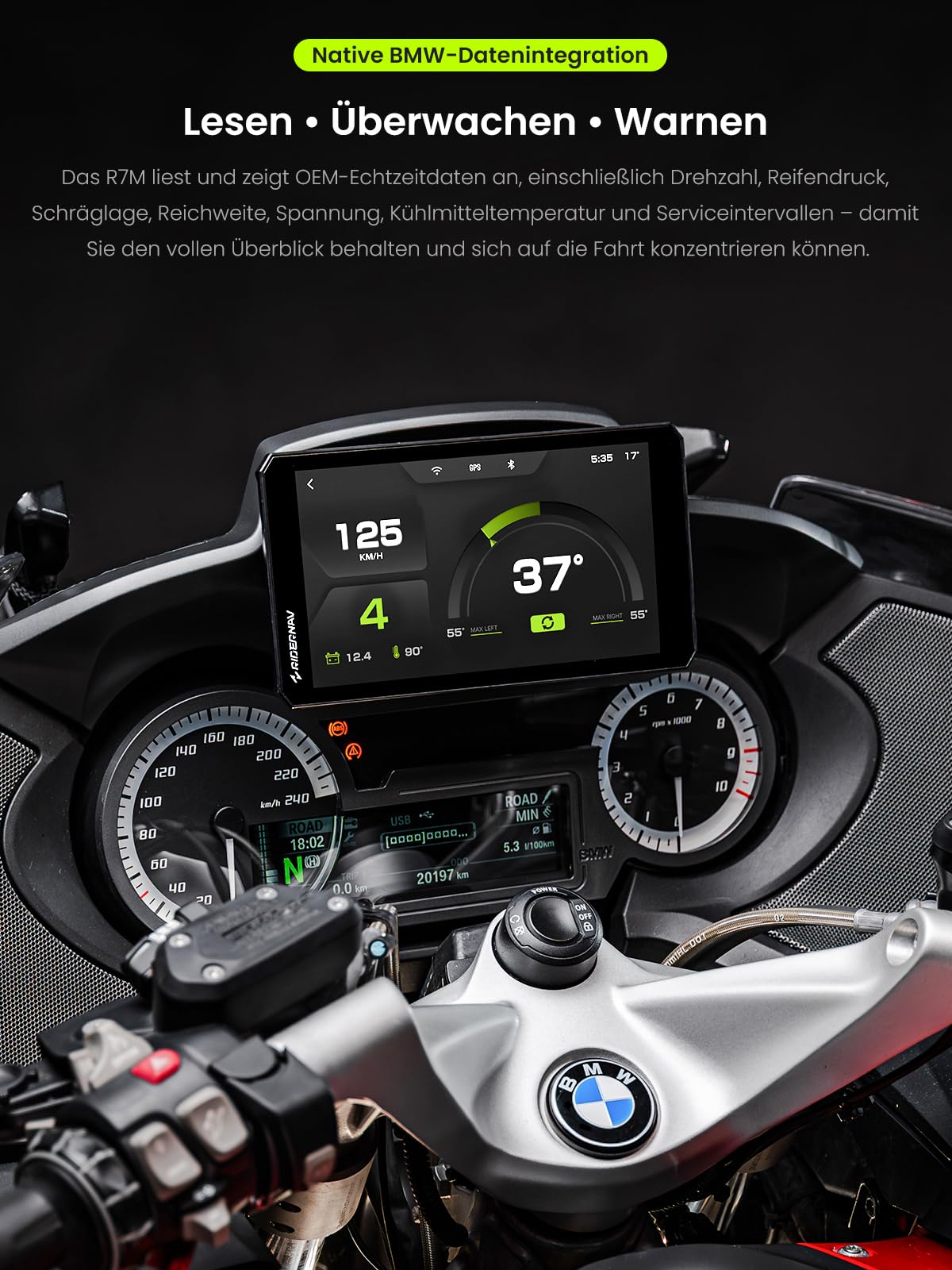 R7M 7" Wireless CarPlay & Android Auto für BMW Motorräder – Native Wonder Wheel- und Actionkamera-Steuerung | Echtzeit-Datenauslesung (TPMS/RPM) | OTA-Updates | 1200-Nit IP69K GPS | NAV Prep