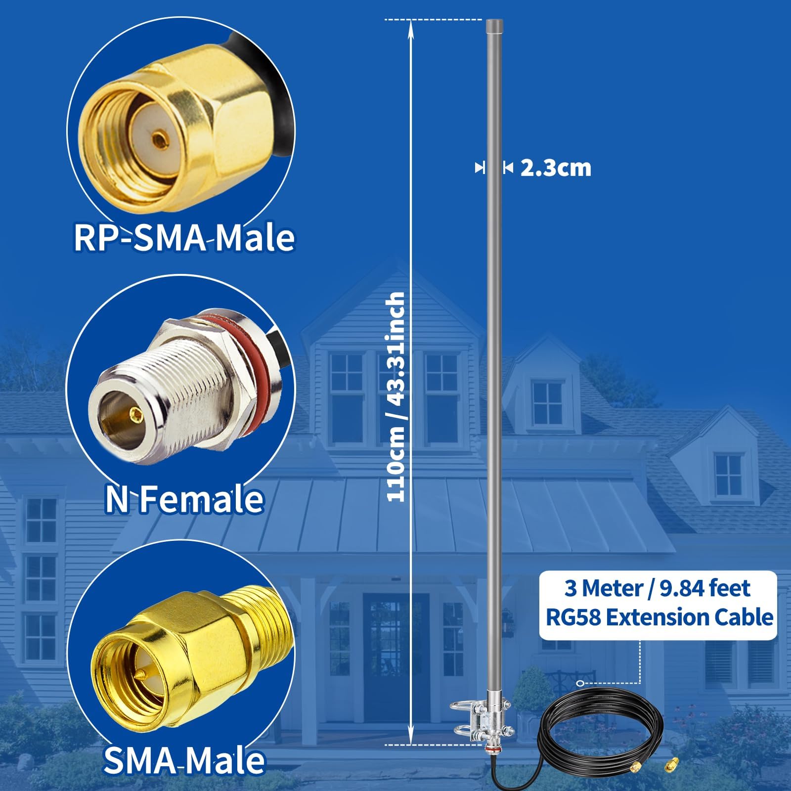 Bingfu Antenne Lora 868 MHz Extérieure N/RP-SMA/SMA Mâle 8dBi Câble 3 m | Fibre de Verre Étanche, pour Hotspot Helium, Passerelle LoRaWAN, Mineur Bobcat 300 RAK V2 Sensecap M1 Nebra MNTD SyncroBit